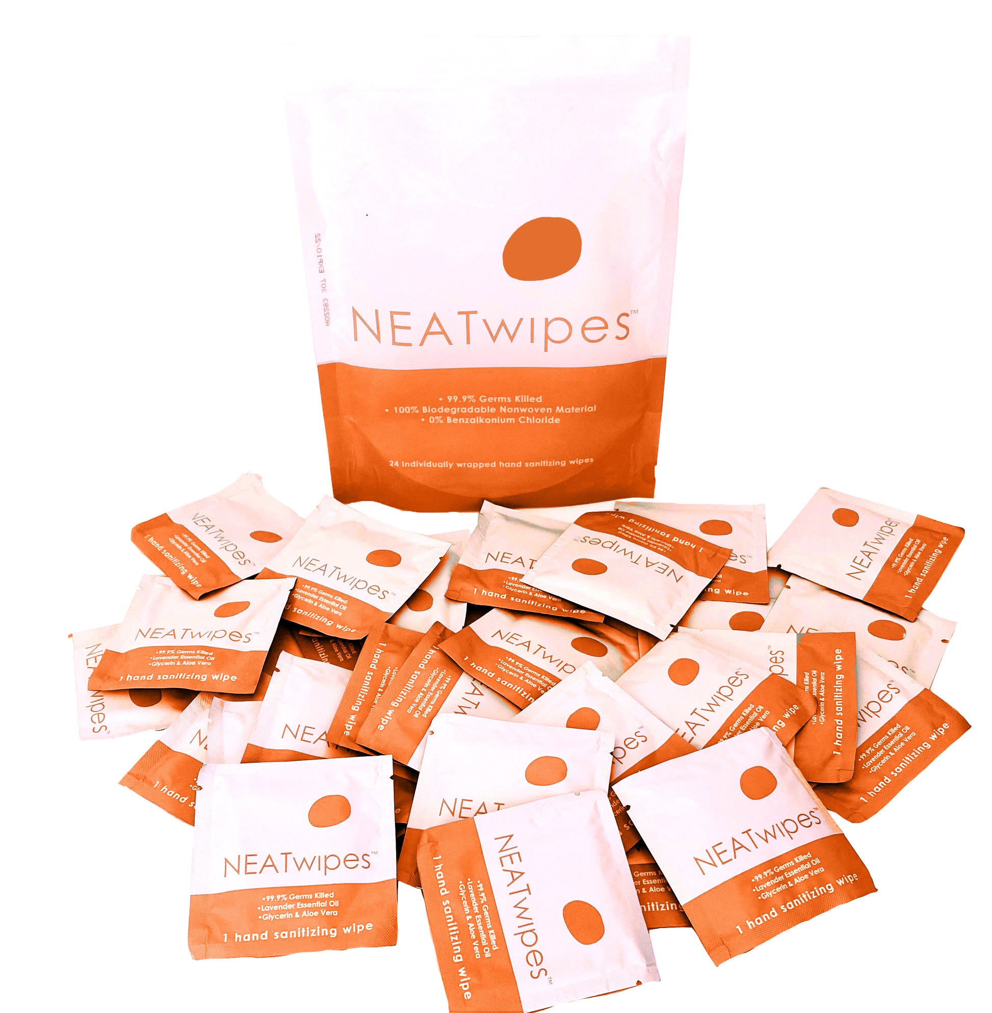 A 24-count pouch of NEATwipes Fresh Citrus hand wipes.