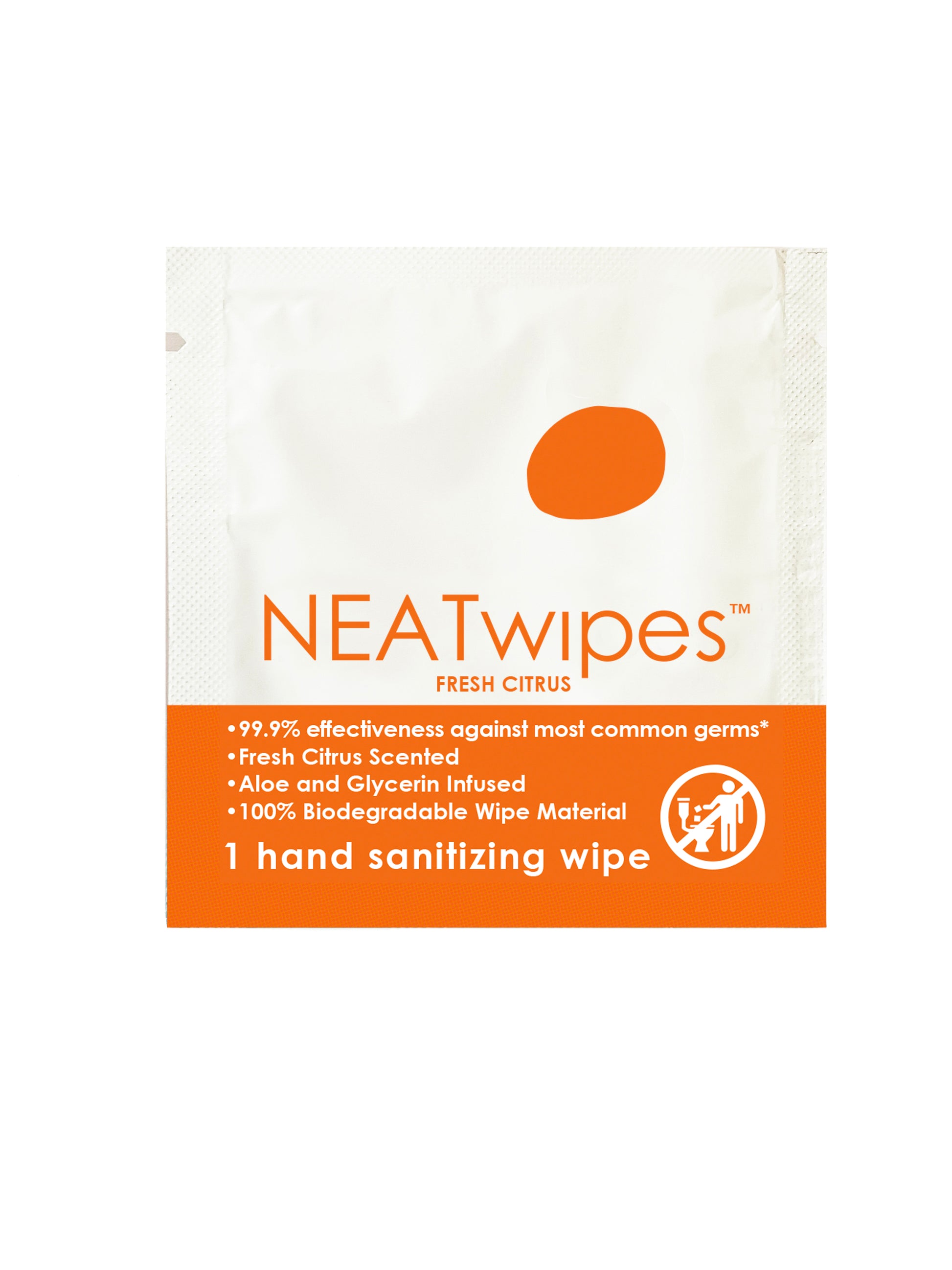 The front side of a NEATwipes Fresh Citrus hand wipe.