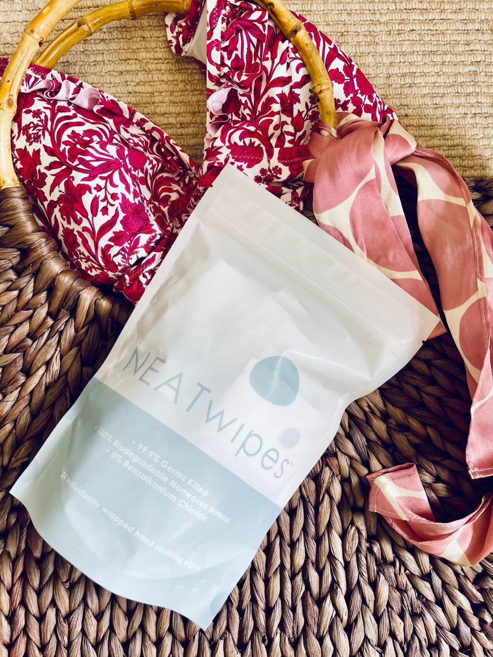 A 24-count bag of NEATwipes Lavender hand wipes.