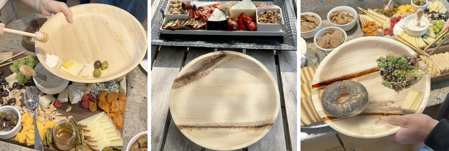 NEATtable compostable palm leaf plates being used at a brunch and outdoor dinner.