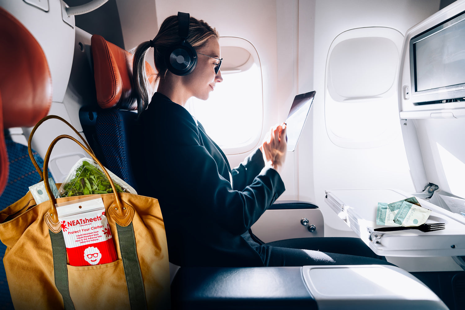 A business woman on plane with NEATsheets and NEATwipes.