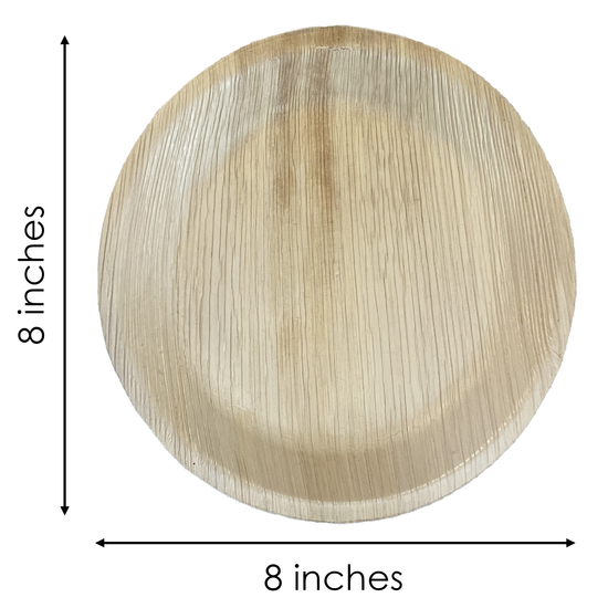 A 8 inch round compostable wood plate.
