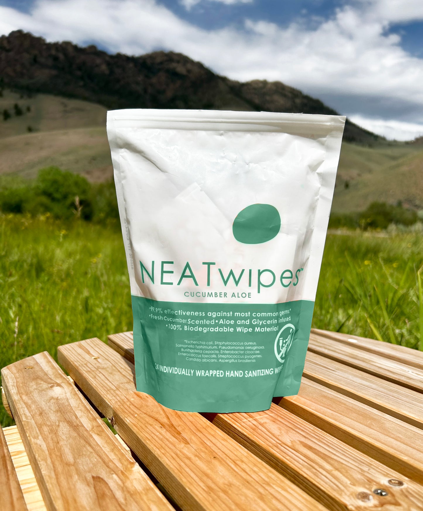 A pouch of NEATwipes Cucumber Aloe hand wipes on a picnic table.
