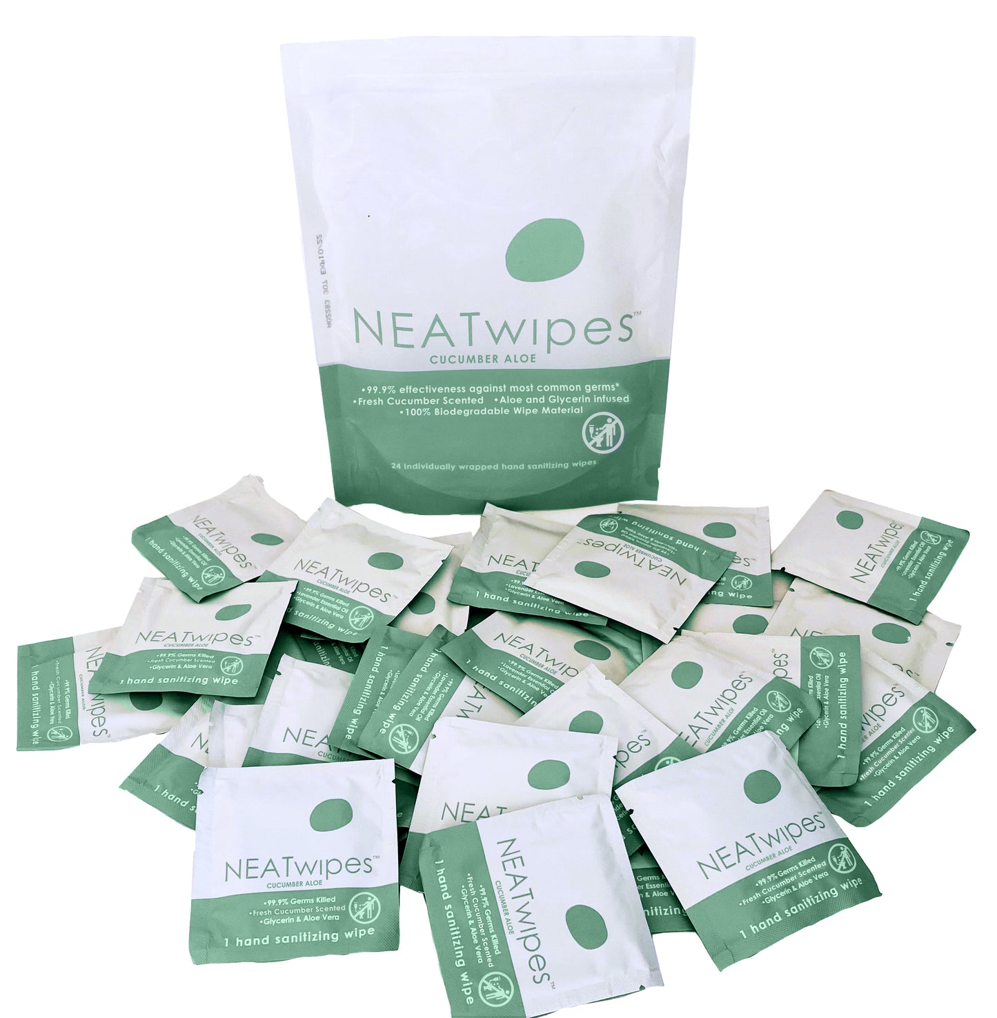 A 24-Count Pouch of NEATwipes Cucumber Aloe hand wipes.