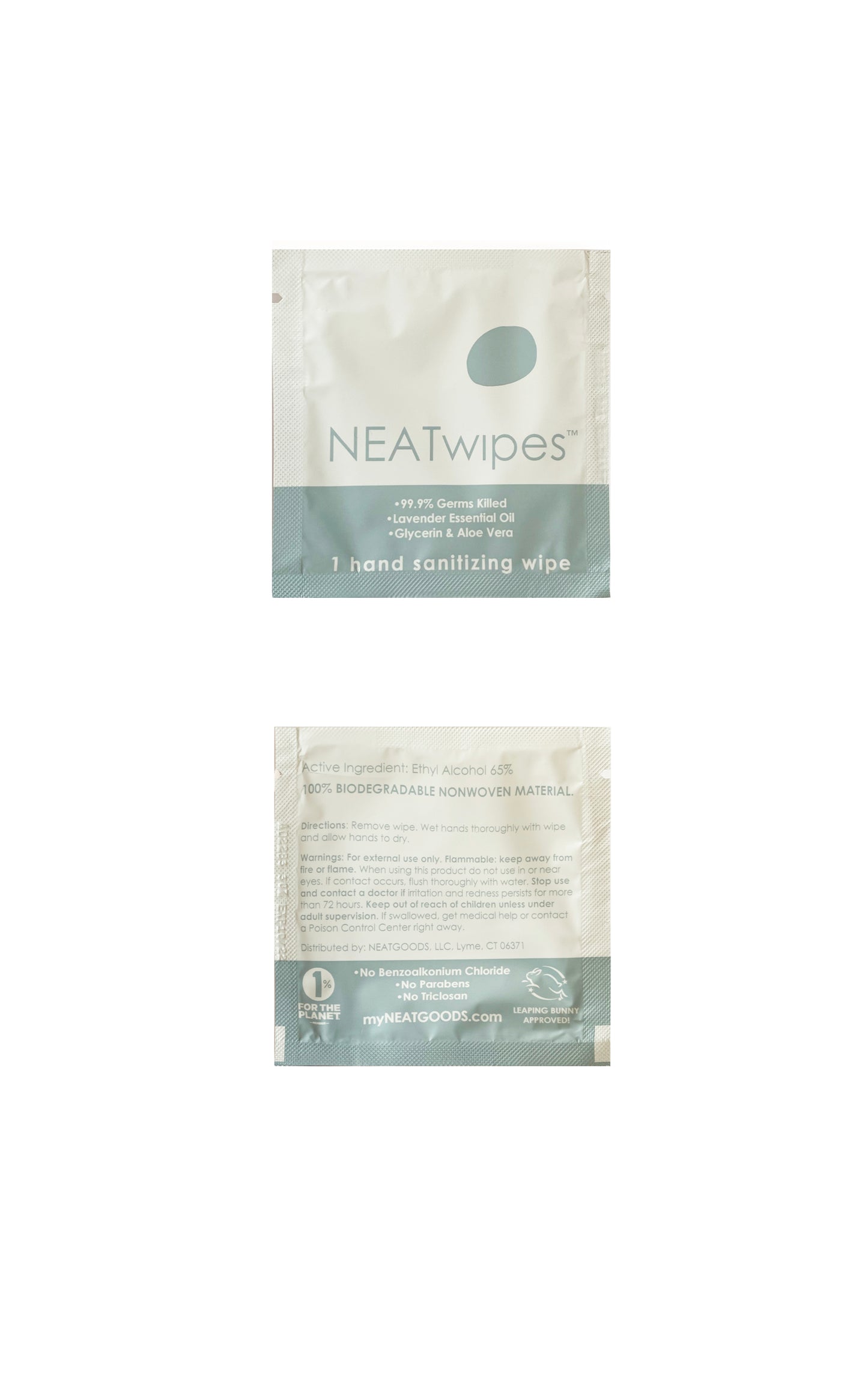 Front and back of an indiovidually wrapped A 24-count bag of NEATwipes Lavender hand wipe.