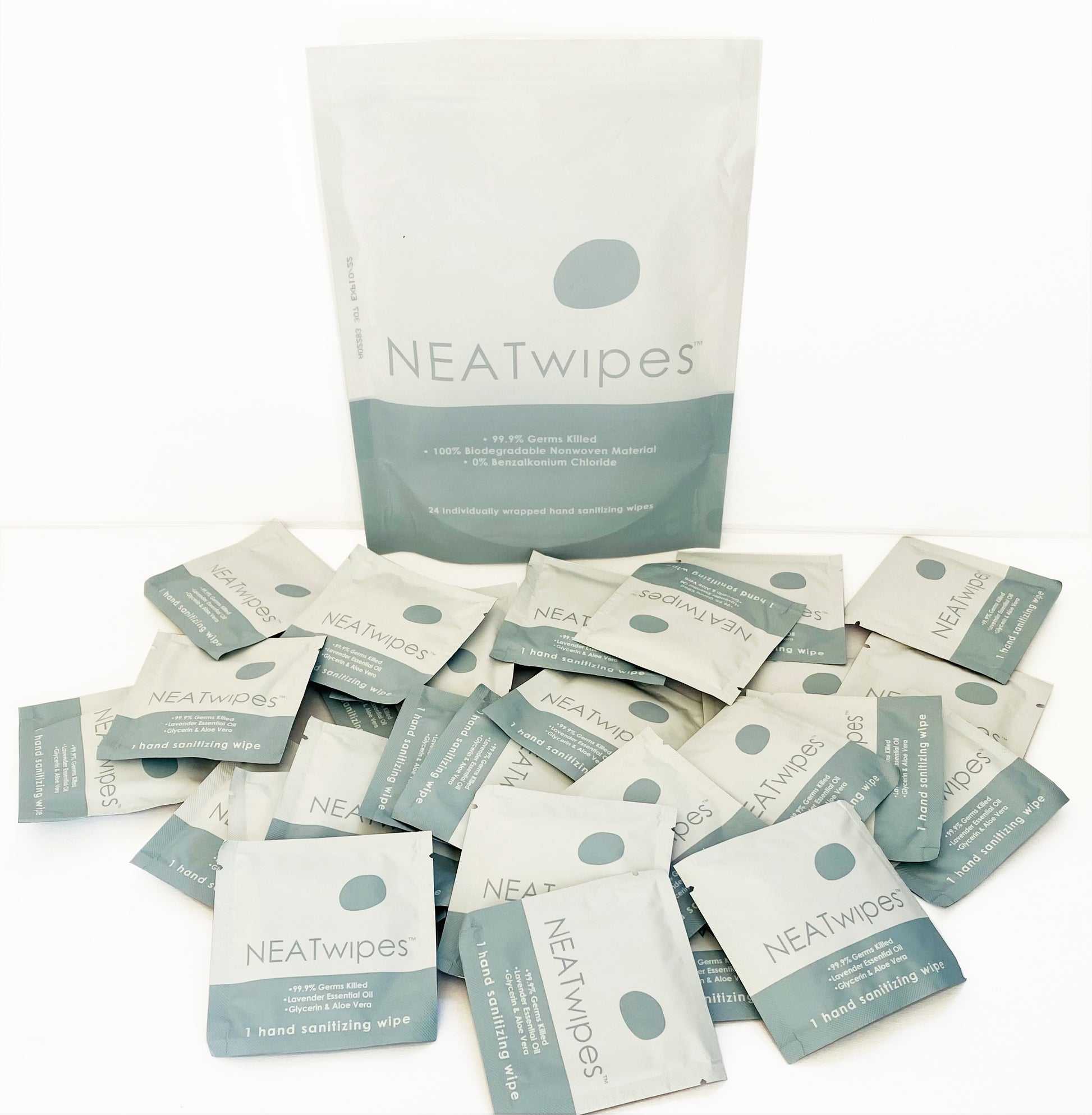 A 24-count bag of NEATwipes Lavender hand wipes.